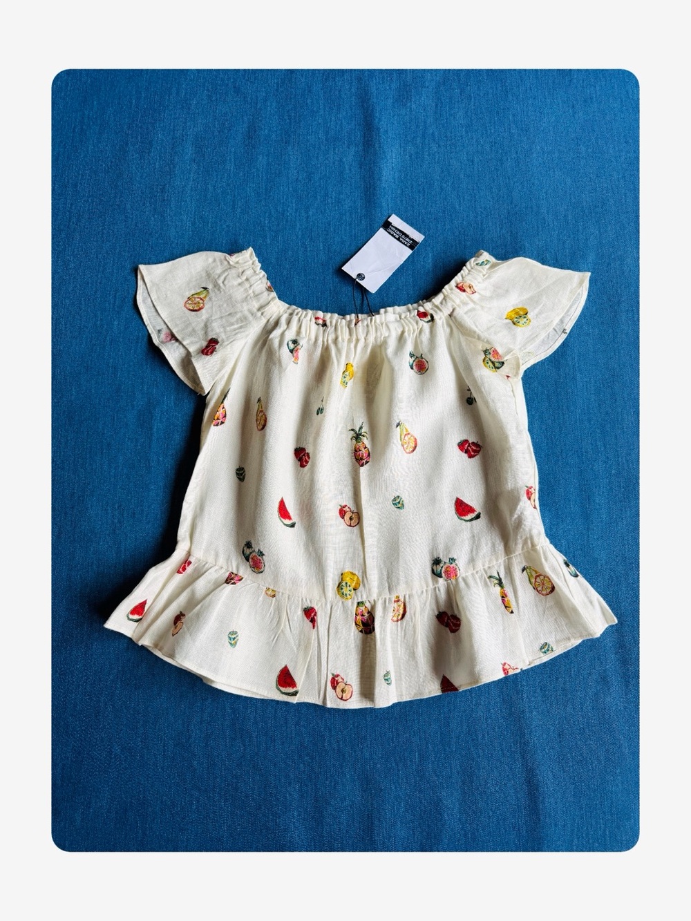 ★ Zara Basic Denim 1975 Fruit Print 100% Linen Seasonal Staple Top Cream S NWT★